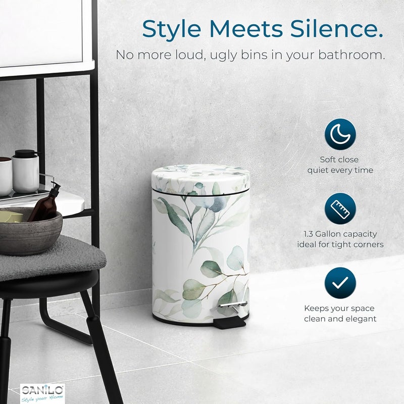 Sanilo Small Bathroom Trash Can with Lid [1.3 Gallon] - Lidded Tiny Trashcan for Garbage - Mini Metal Bin with Soft Closing Mechanism - Bath Room Accessoire Wastebin with Inner Bucket (Eucalyptus) - Image 3